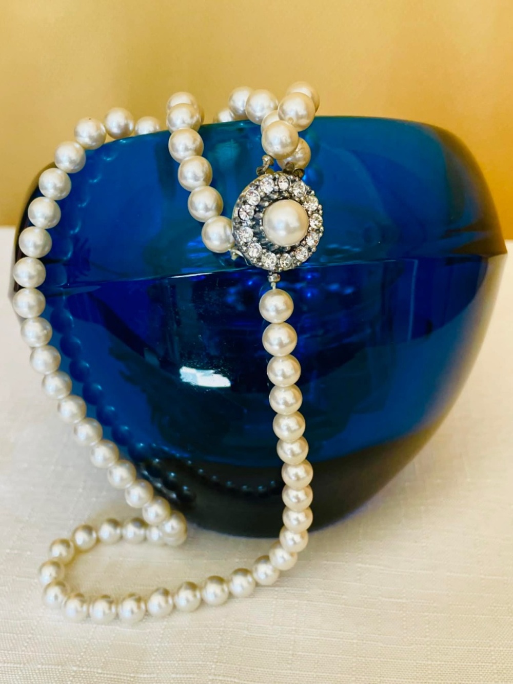 Faux Pearl Necklace, Double Strand, Clear Rhinestone Box Clasp Jewelry, Vintage